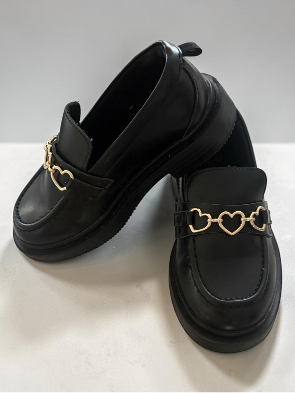 H&M Black Loafers with Gold Heart Chain - Kids Dress Shoes